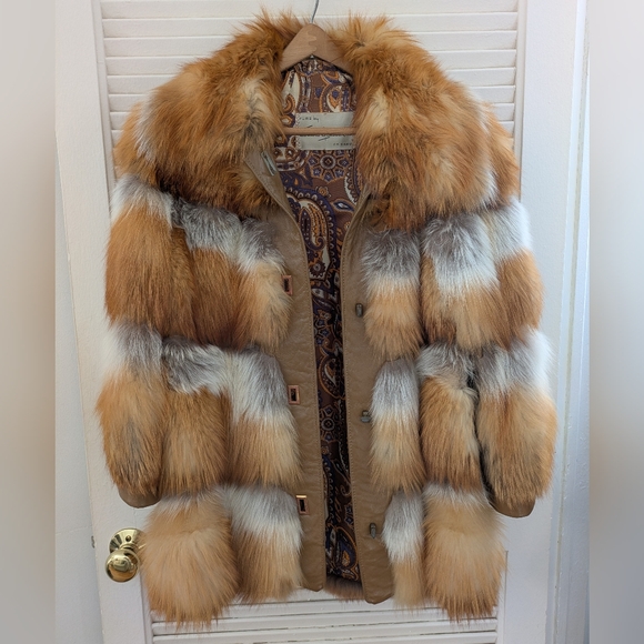Vintage 1970s Red Fox Fur and Leather Coat with Paisley Lining by Edward Glasser
